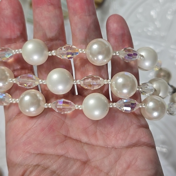 Vendome Faux Pearl and Faceted AB Aurora Borealis Three Strand Vintage Bracelet